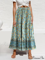 Retro Style Seaside Flower Pattern Bohemian Skirt Strong Stretch A-Line Boho