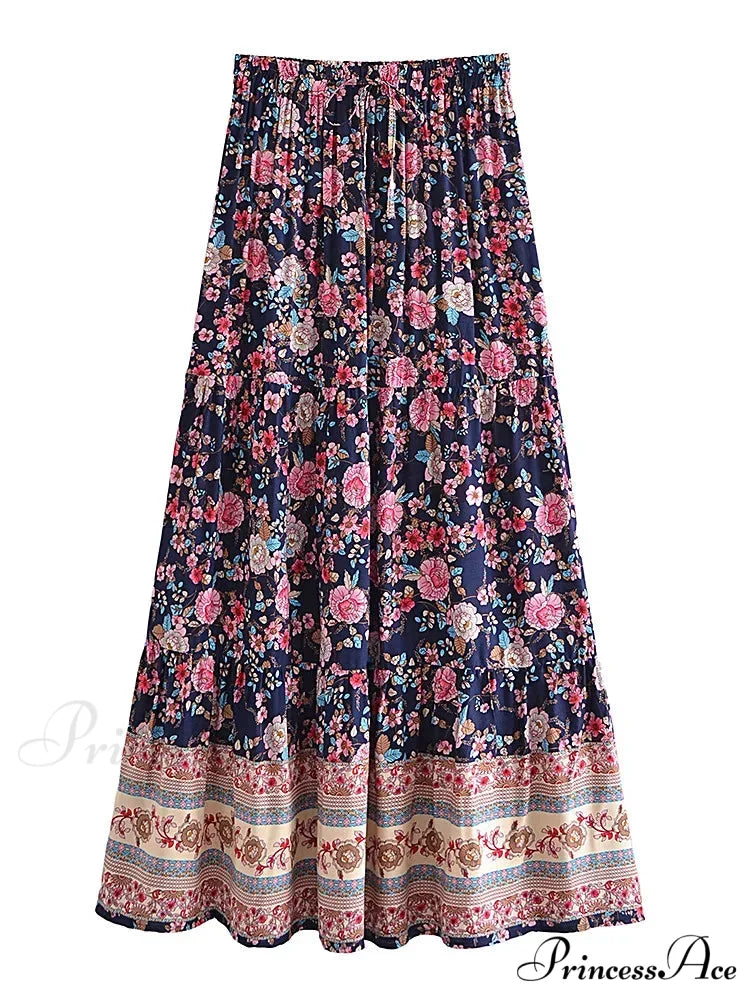 Retro Style Seaside Flower Pattern Bohemian Skirt Strong Stretch A-Line Boho