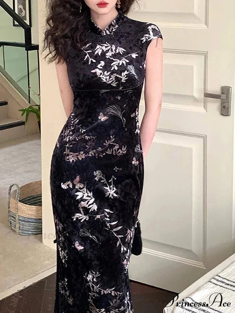 Retro Summer Fashion Print Hollow Out Split Casual Club Elegant Party Floral Dress