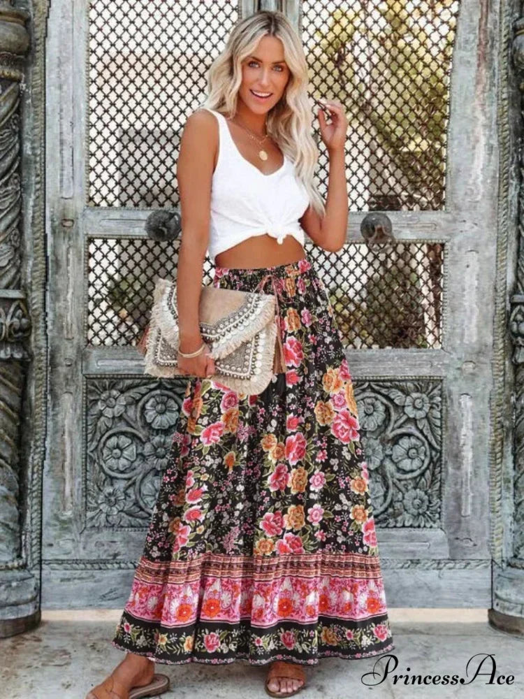 Retro Summer Flower Pattern Shore Boho Pleated Skirt Tall Waist A-Line