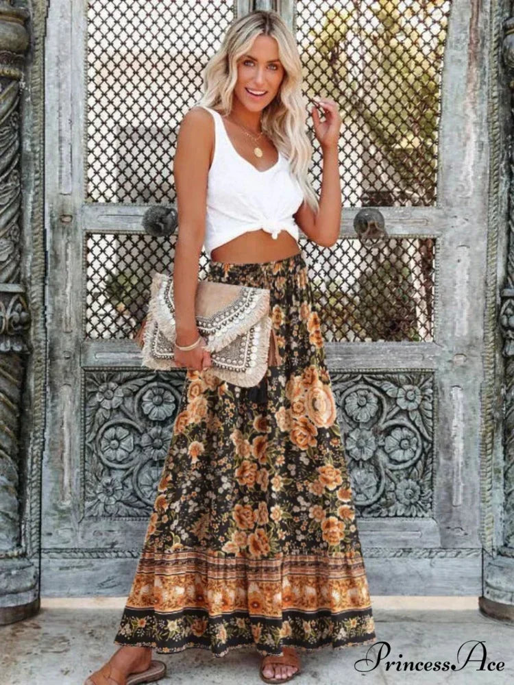 Retro Summer Flower Pattern Shore Boho Pleated Skirt Tall Waist A-Line