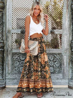 Retro Summer Flower Pattern Shore Boho Pleated Skirt Tall Waist A-Line