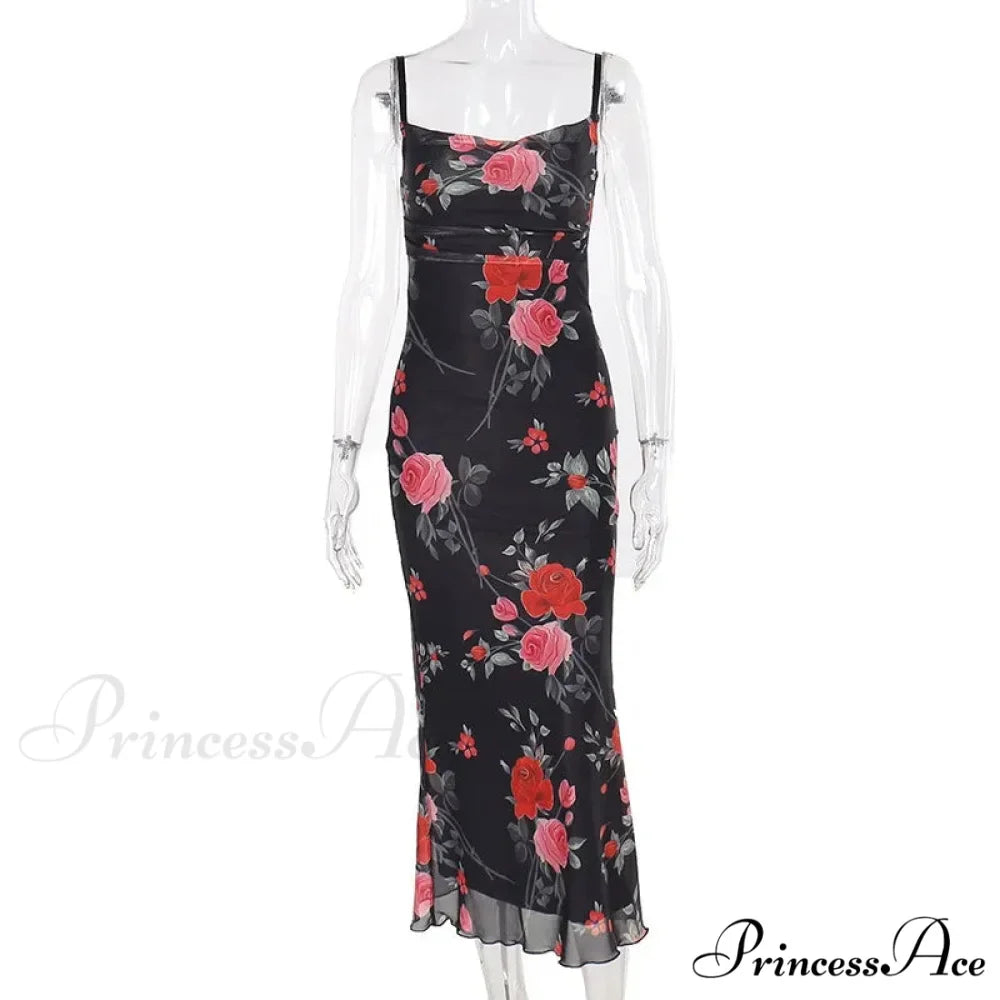 Retro Summer SlimSleeveless Backless Long es Female Party Temperament Woman Floral Dress