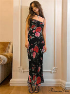 Retro Summer SlimSleeveless Backless Long es Female Party Temperament Woman Floral Dress