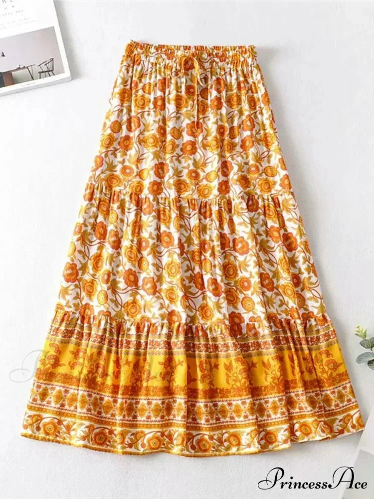 Retro Summer Style Golden Flowered Printed Seaside Boho Cotton Rayon Skirt