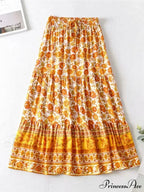 Retro Summer Style Golden Flowered Printed Seaside Boho Cotton Rayon Skirt