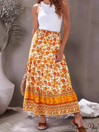 Retro Summer Style Golden Flowered Printed Seaside Boho Cotton Rayon Skirt