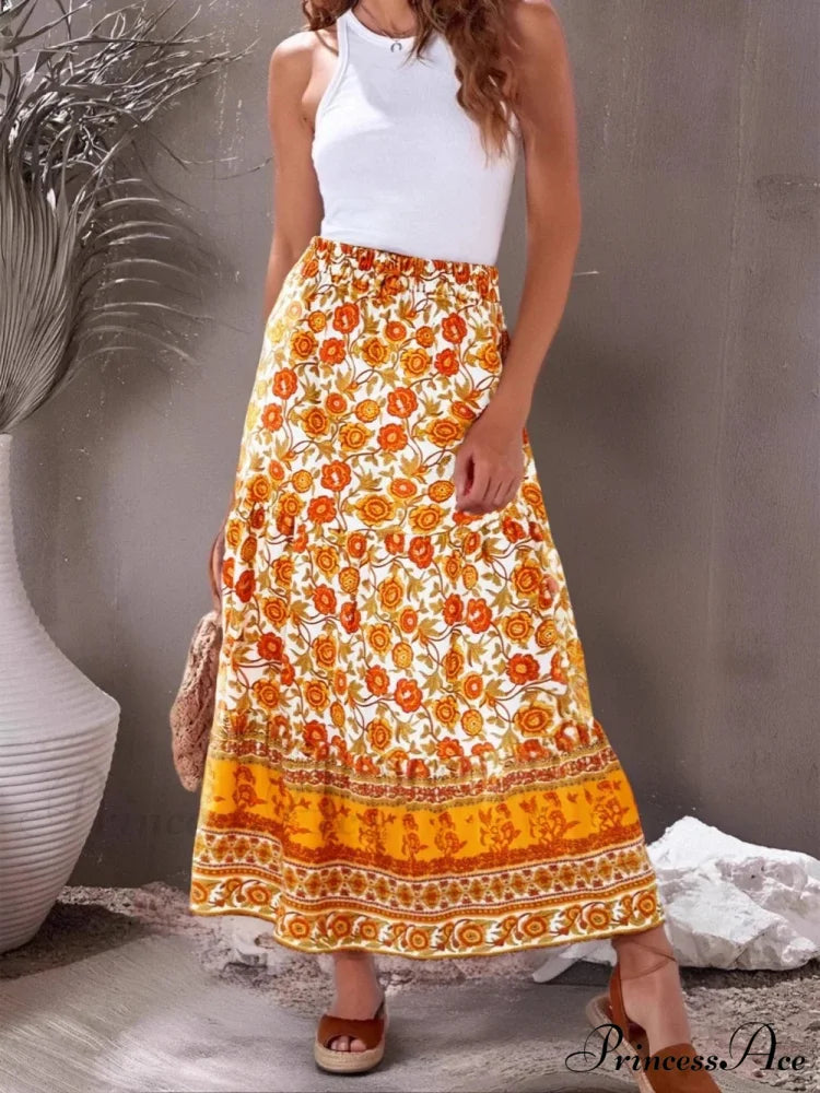 Retro Summer Style Golden Flowered Printed Seaside Boho Cotton Rayon Skirt