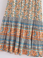 Retro Summery Flower Pattern Shoreline Boho Long A-Line Skirt