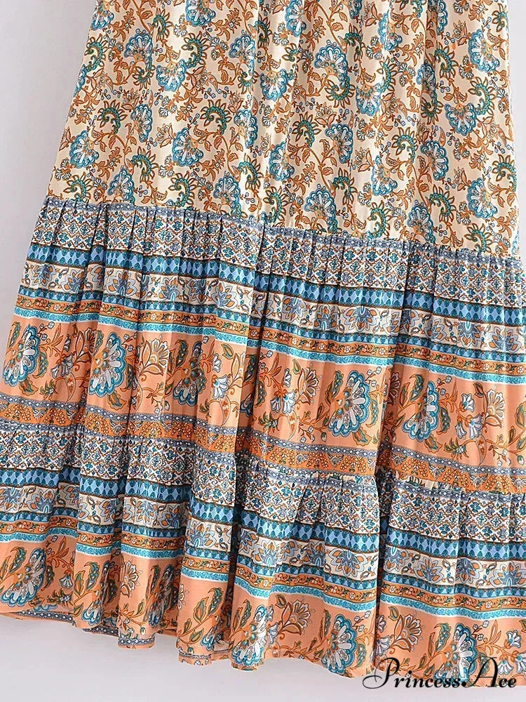 Retro Summery Flower Pattern Shoreline Boho Long A-Line Skirt