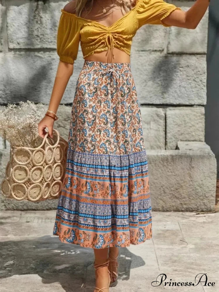 Retro Summery Flower Pattern Shoreline Boho Long A-Line Skirt