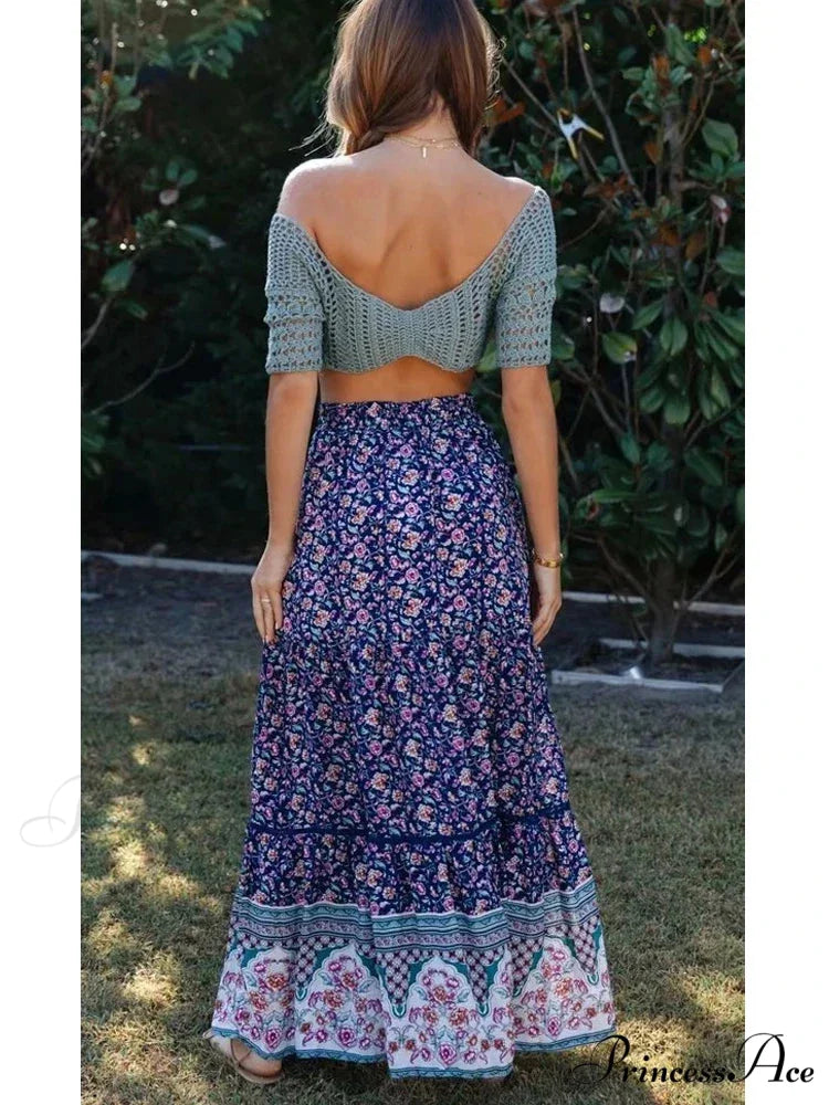 Retro Summery Flowered Pleated Bohemian Rayon Maxi Skirt