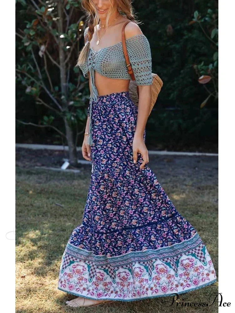 Retro Summery Flowered Pleated Bohemian Rayon Maxi Skirt