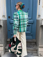 Retro Tartan Opposing Round Neck Blouse