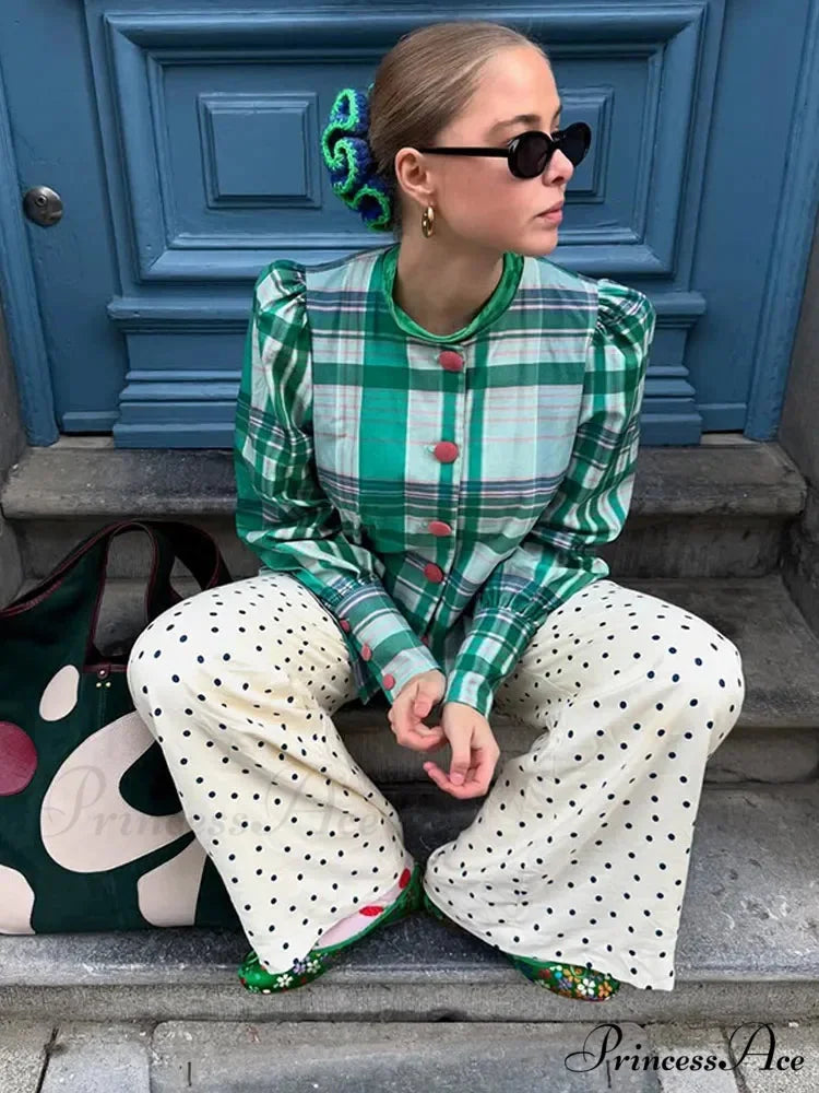 Retro Tartan Opposing Round Neck Blouse