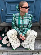 Retro Tartan Opposing Round Neck Blouse