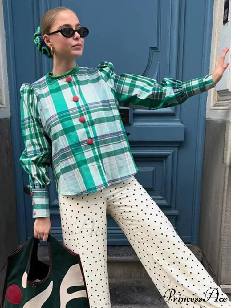 Retro Tartan Opposing Round Neck Blouse