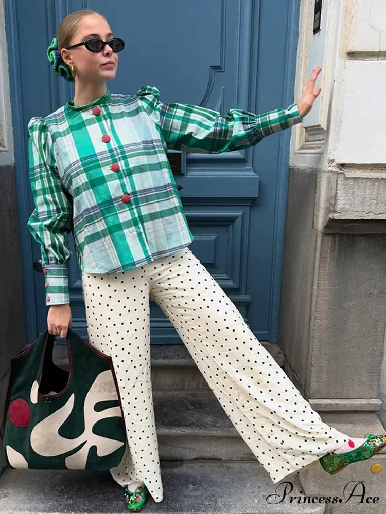 Retro Tartan Opposing Round Neck Blouse