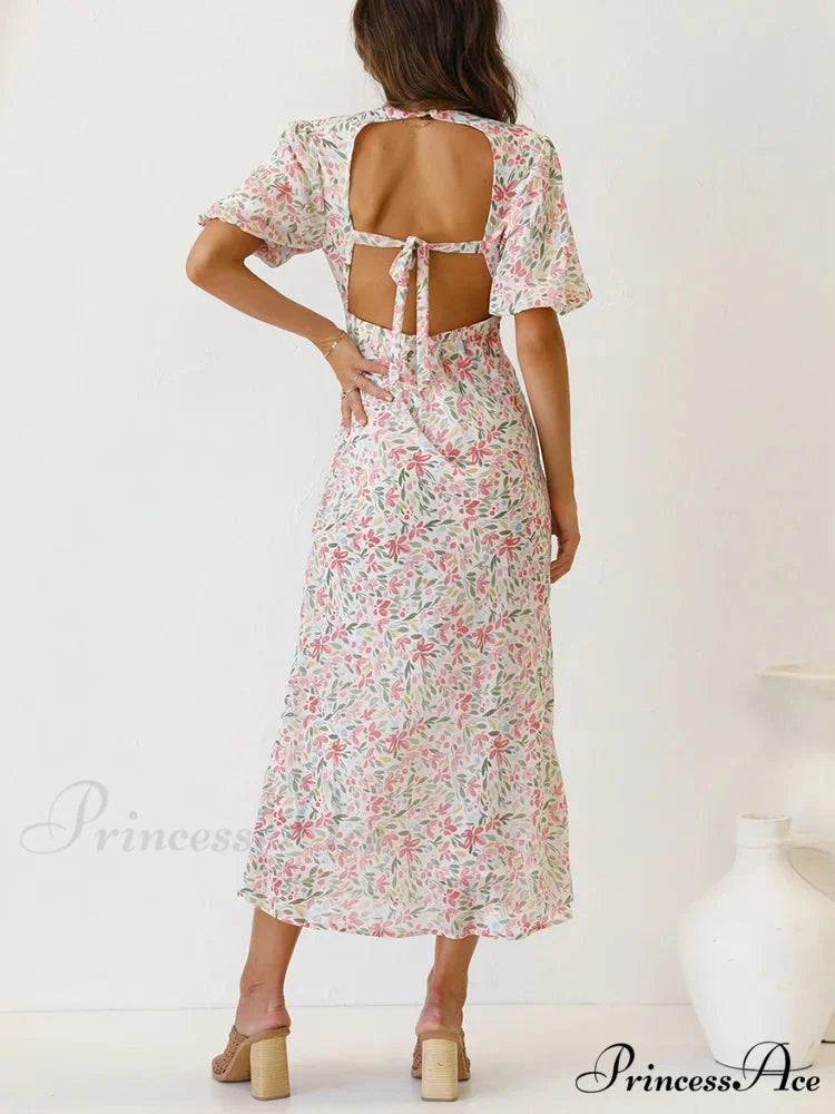 Retro V-neck Open-back Floral Dress