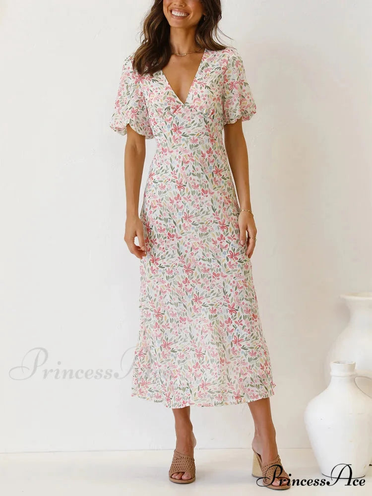 Retro V-neck Open-back Floral Dress