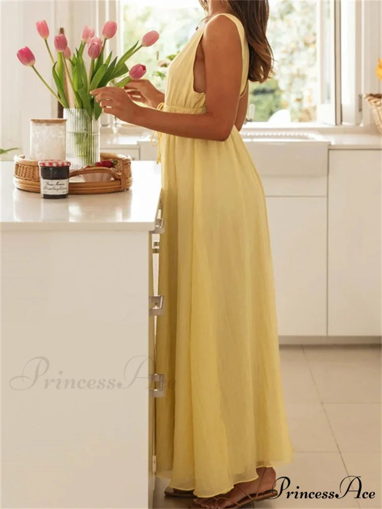 Retro Women Evening Party Solid Color Sleeveless Deep V-Neck Front Tie-up Formal Female Vestido