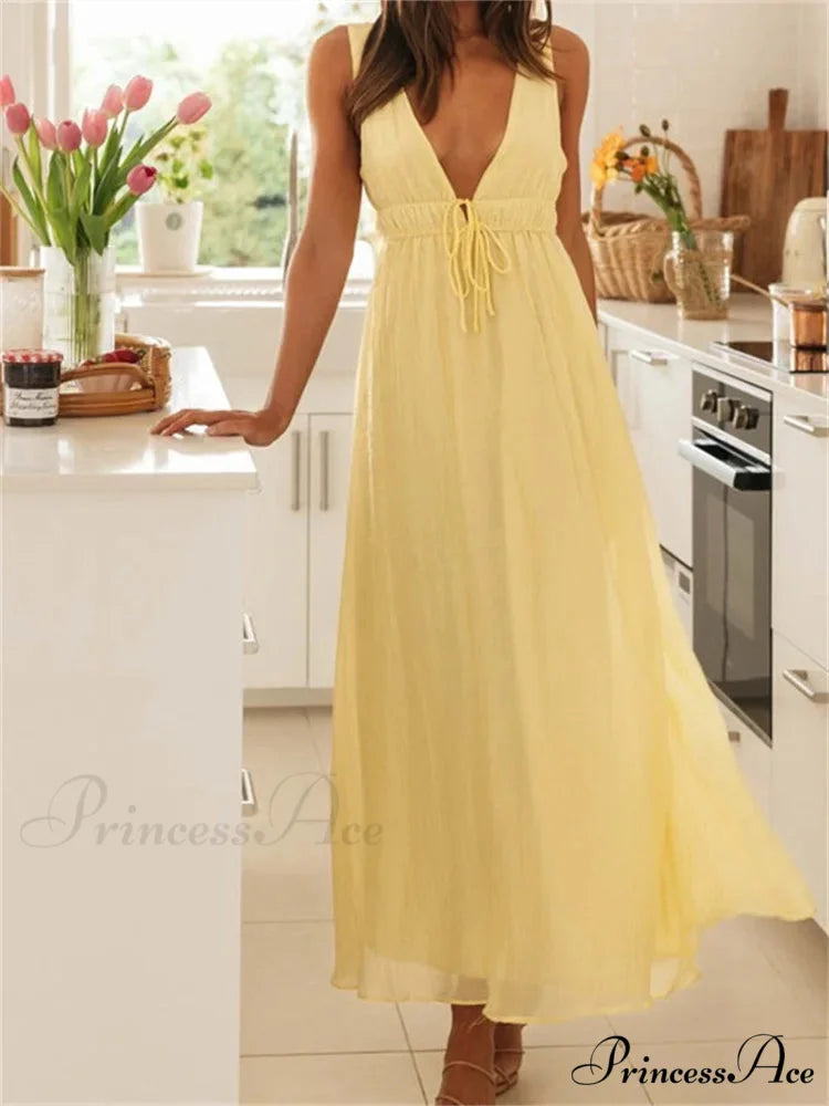 Retro Women Evening Party Solid Color Sleeveless Deep V-Neck Front Tie-up Formal Female Vestido