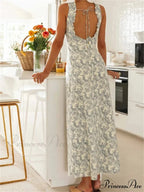Retro Women Floral Print Sleeveless V Neck Front Lace-up High Split Spring Summer Backless Vestidos