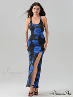 Revealing Rear High Separation Flower Pattern Body-Hugging Camisole Club Flower Dress