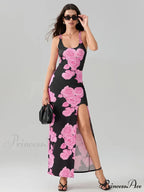 Revealing Rear High Separation Flower Pattern Body-Hugging Camisole Club Flower Dress