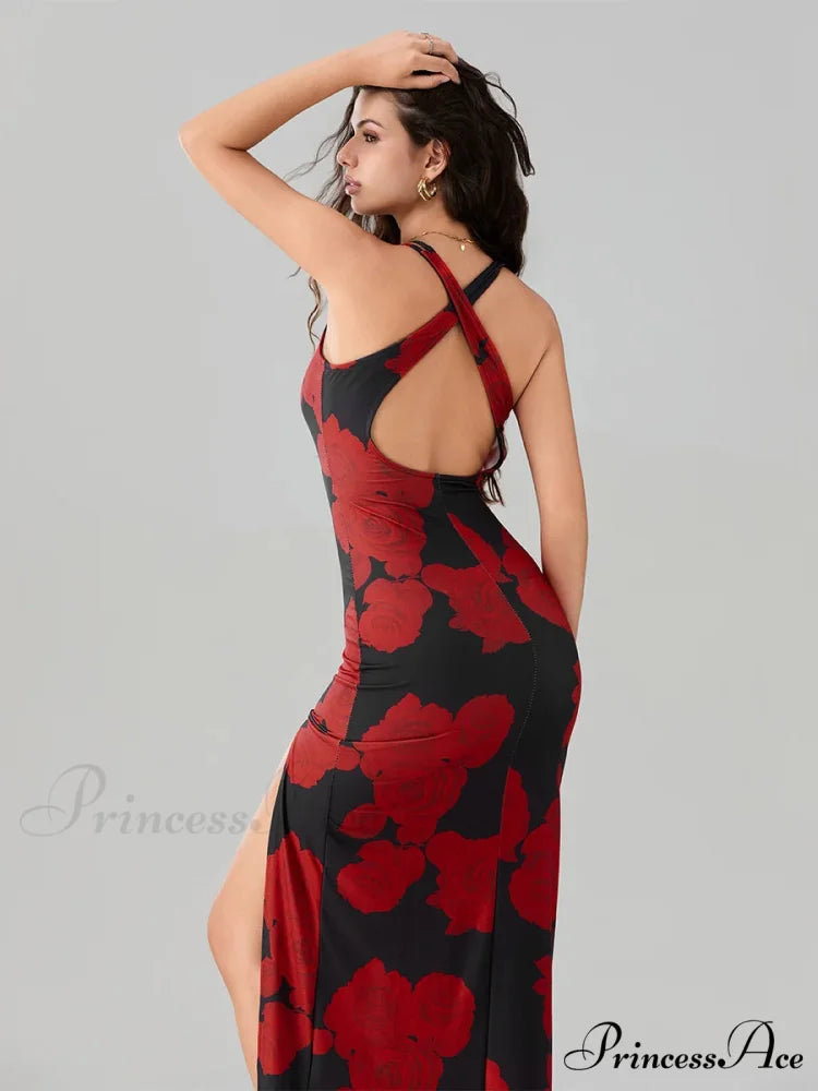 Revealing Rear High Separation Flower Pattern Body-Hugging Camisole Club Flower Dress