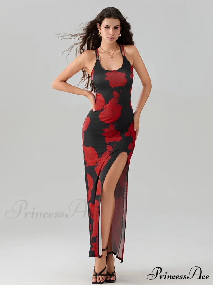 Revealing Rear High Separation Flower Pattern Body-Hugging Camisole Club Flower Dress