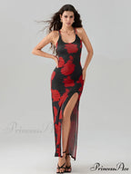 Revealing Rear High Separation Flower Pattern Body-Hugging Camisole Club Flower Dress