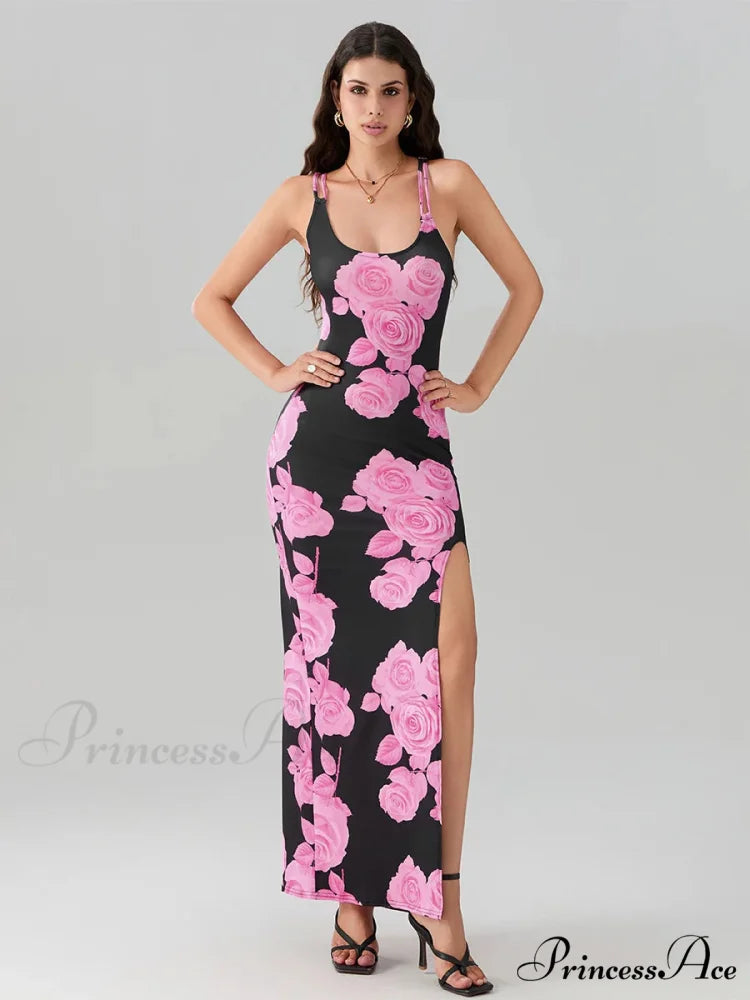 Revealing Rear High Separation Flower Pattern Body-Hugging Camisole Club Flower Dress