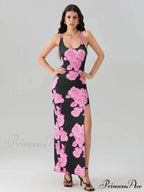 Revealing Rear High Separation Flower Pattern Body-Hugging Camisole Club Flower Dress