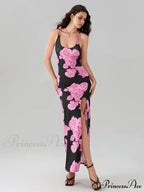 Revealing Rear High Separation Flower Pattern Body-Hugging Camisole Club Flower Dress