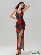 Revealing Rear High Separation Flower Pattern Body-Hugging Camisole Club Flower Dress