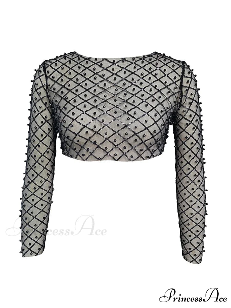 Rhinestone Beaded Y2k Slim Long Sleeve Stylish Elegant Trendy Chic Mesh Crop Top