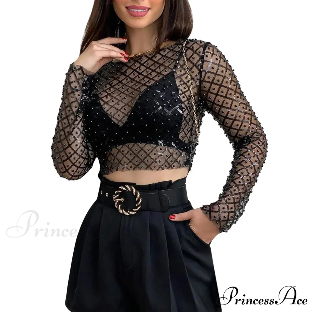 Rhinestone Beaded Y2k Slim Long Sleeve Stylish Elegant Trendy Chic Mesh Crop Top