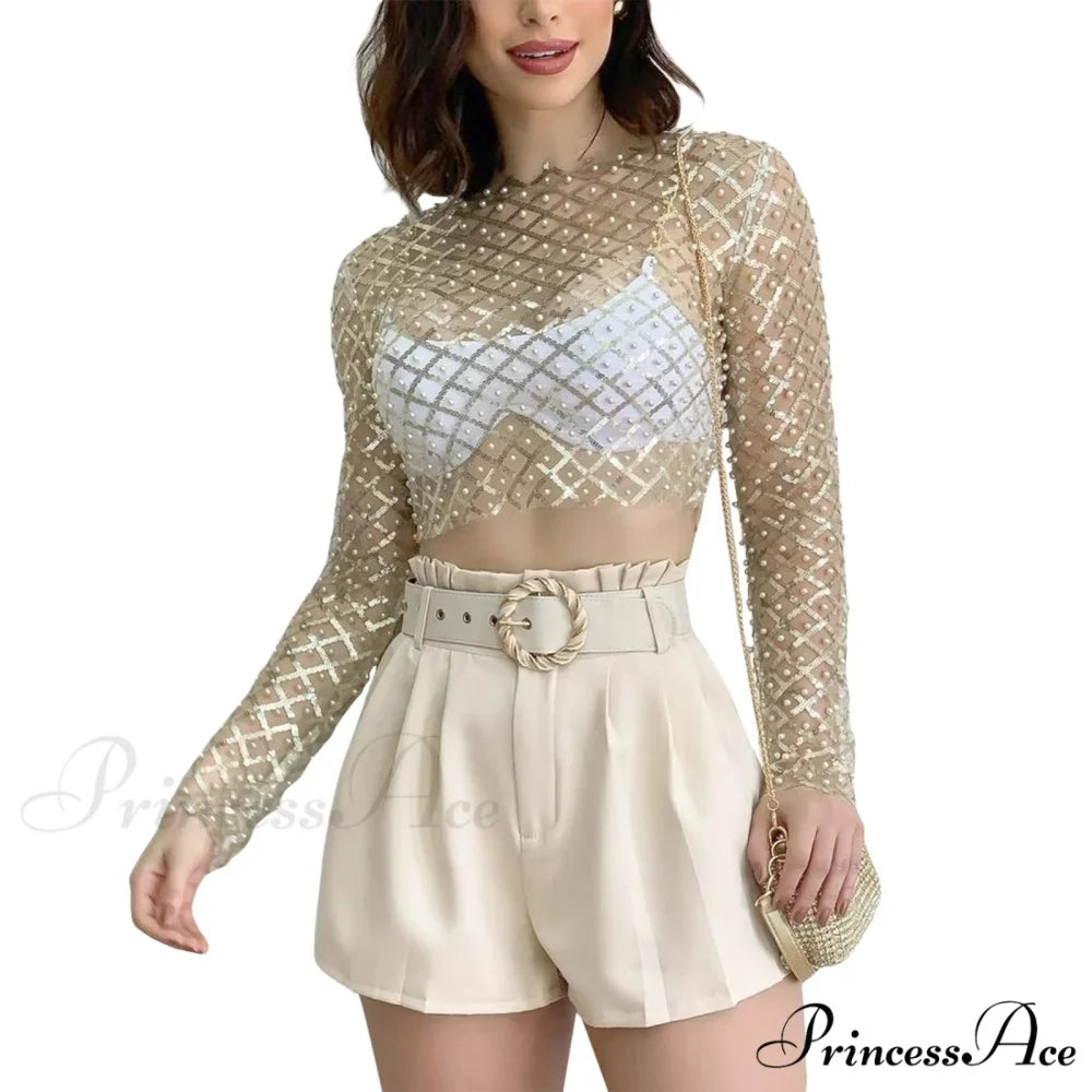 Rhinestone Beaded Y2k Slim Long Sleeve Stylish Elegant Trendy Chic Mesh Crop Top