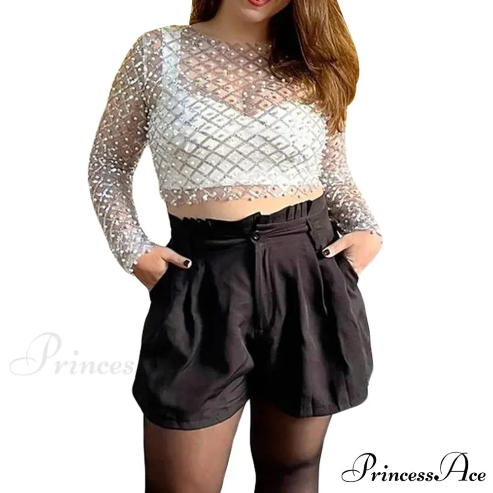 Rhinestone Beaded Y2k Slim Long Sleeve Stylish Elegant Trendy Chic Mesh Crop Top