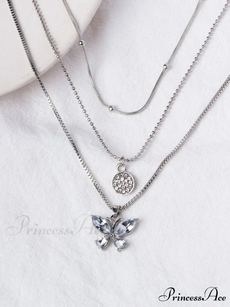 Rhinestone Butterfly Pendant Layered Necklace