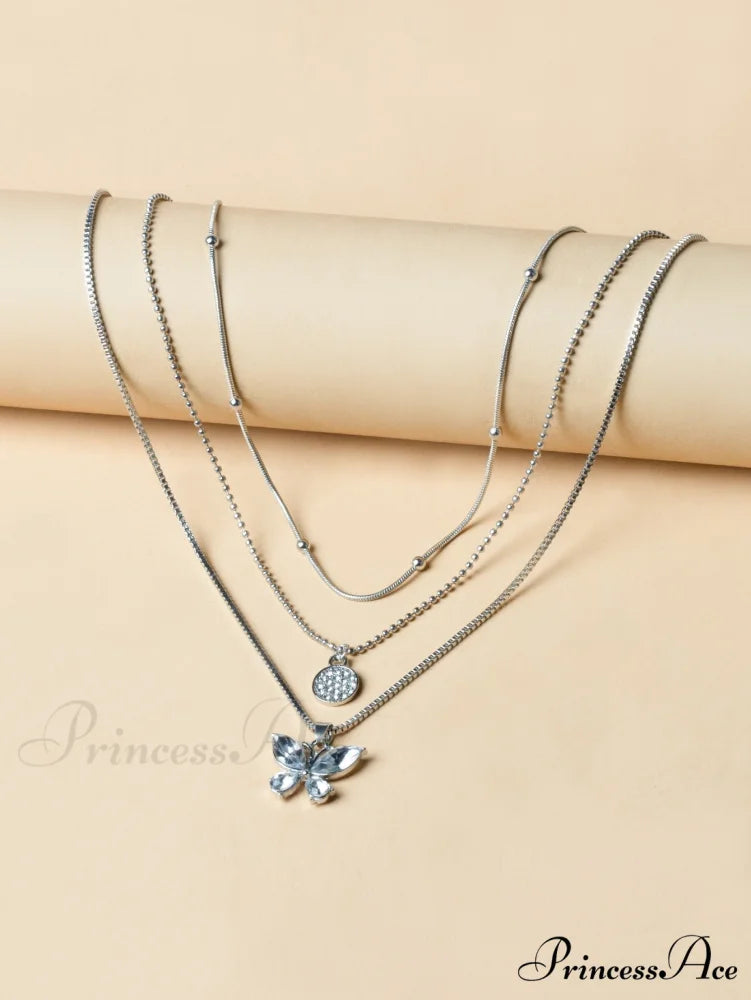 Rhinestone Butterfly Pendant Layered Necklace