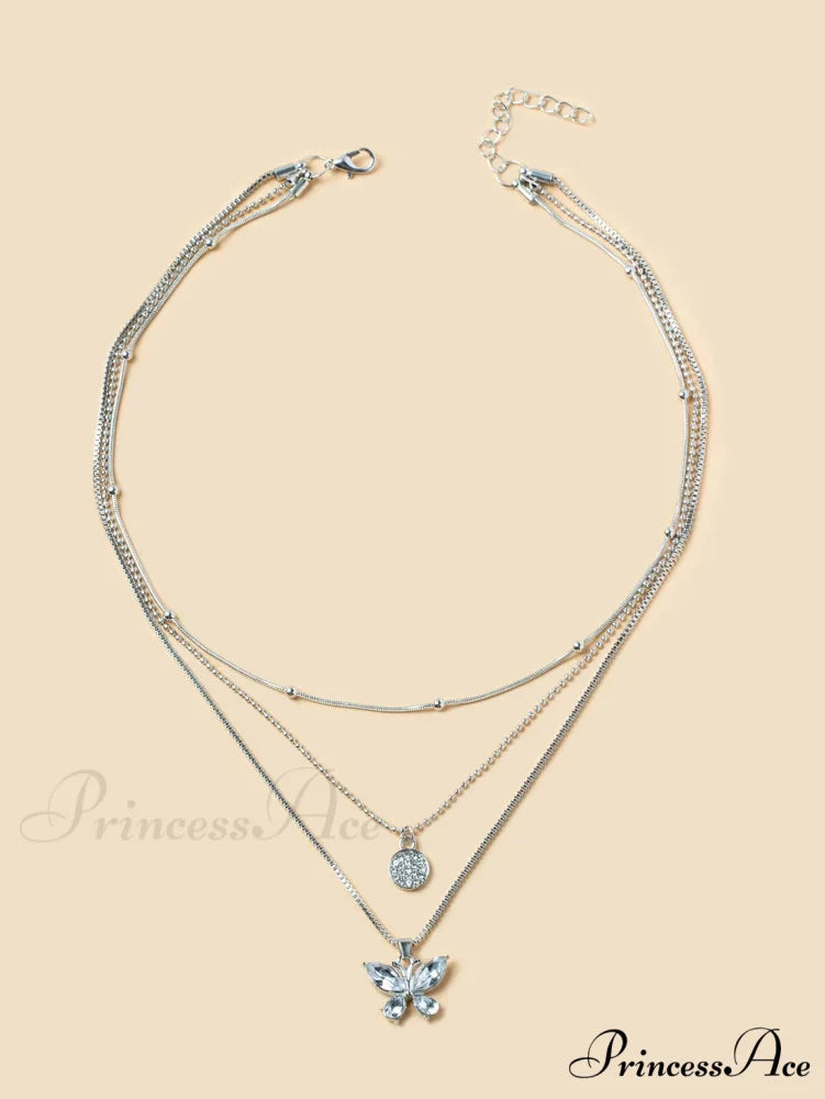 Rhinestone Butterfly Pendant Layered Necklace