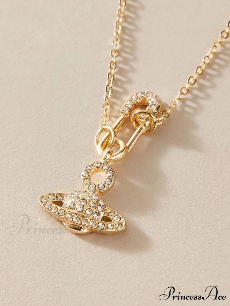 Rhinestone Decor Planet Charm Necklace