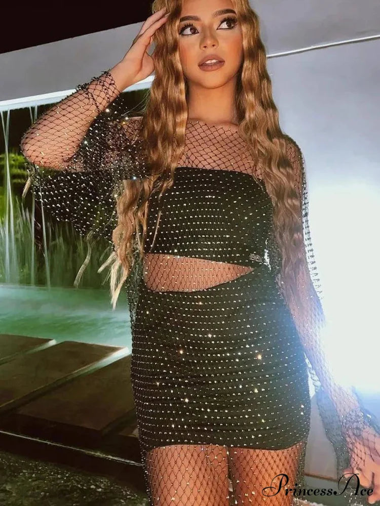 Rhinestone Fishnet Long Sleeve Party Dress