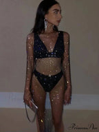 Rhinestone Fishnet Long Sleeve Party Dress