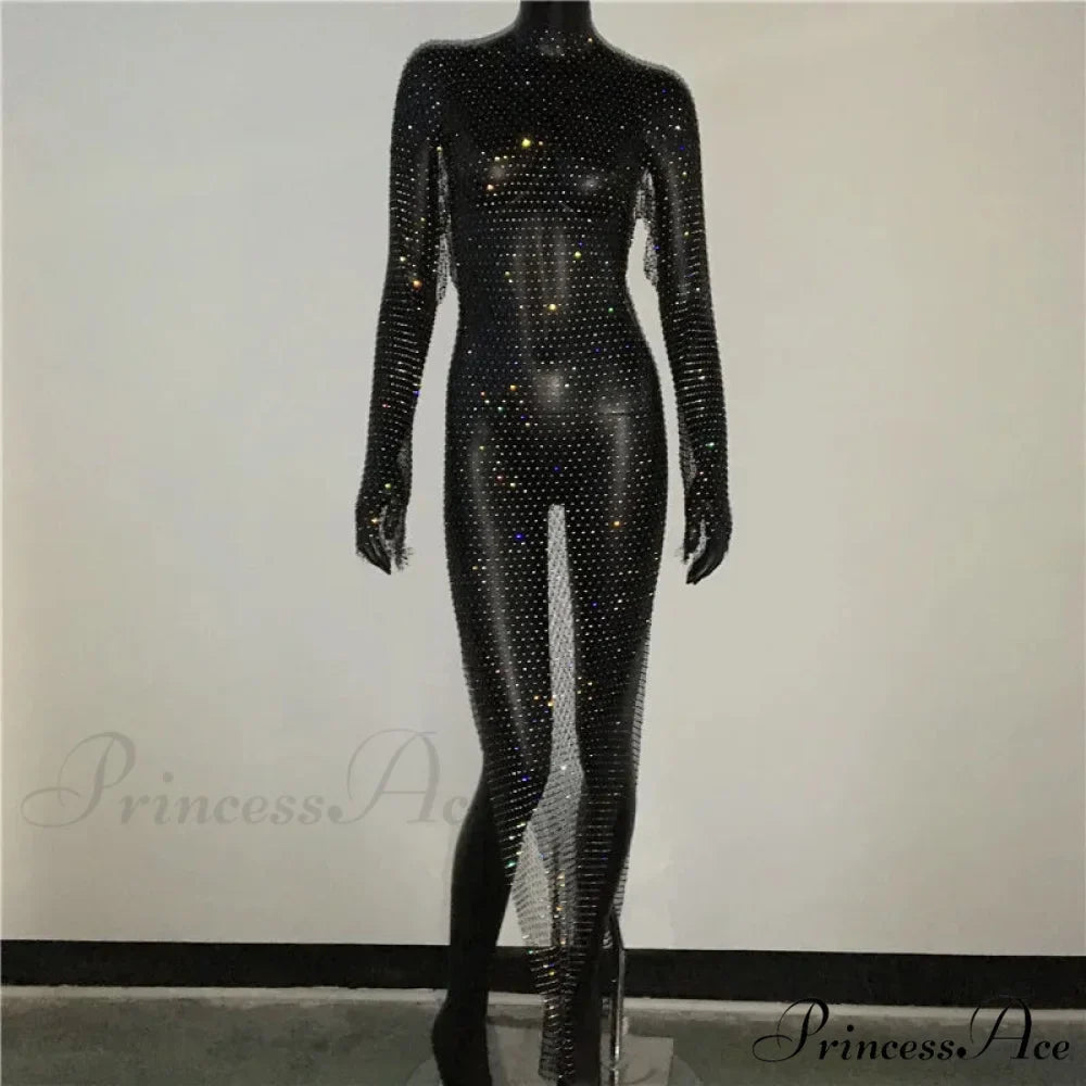 Rhinestone Fishnet Long Sleeve Party Dress