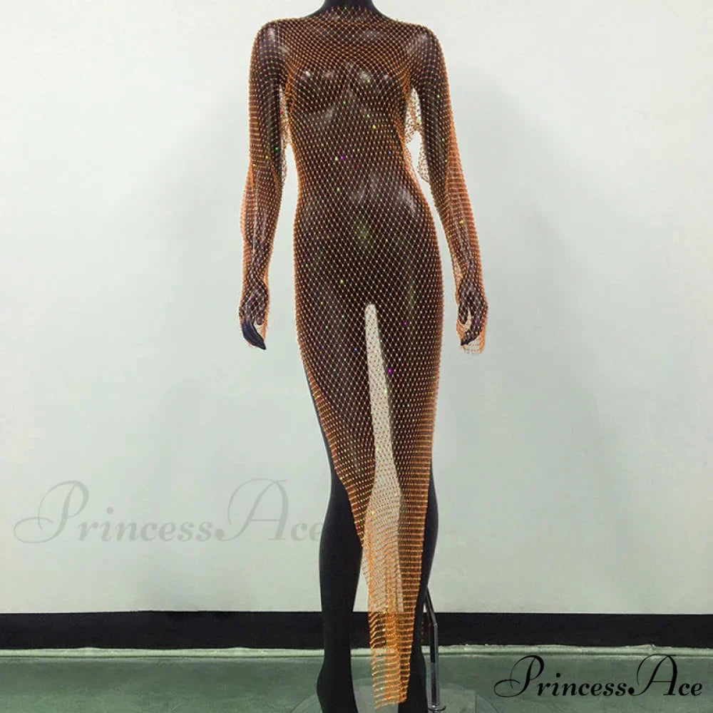 Rhinestone Fishnet Long Sleeve Party Dress