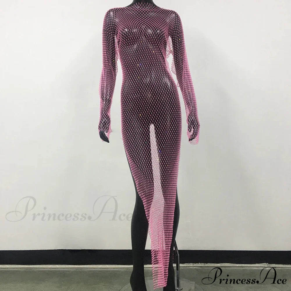 Rhinestone Fishnet Long Sleeve Party Dress