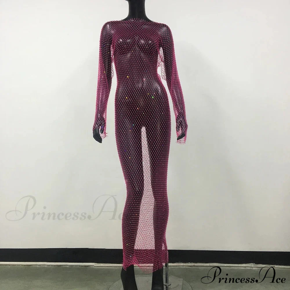 Rhinestone Fishnet Long Sleeve Party Dress